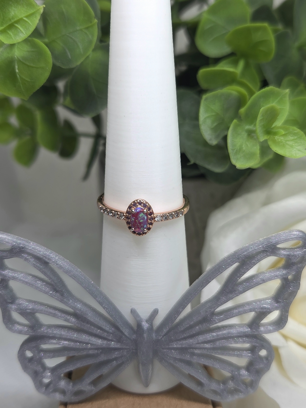 Purple Opal Accent Ring with Pavé Band On Rose Gold